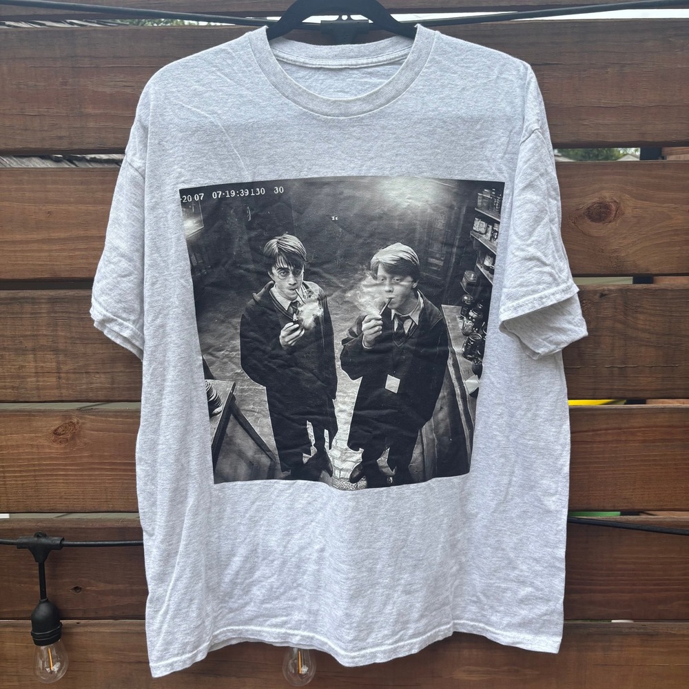 Harry Potter Graphic T-Shirt Mens XL Gray Excellent Smoking Harry Ron Tee